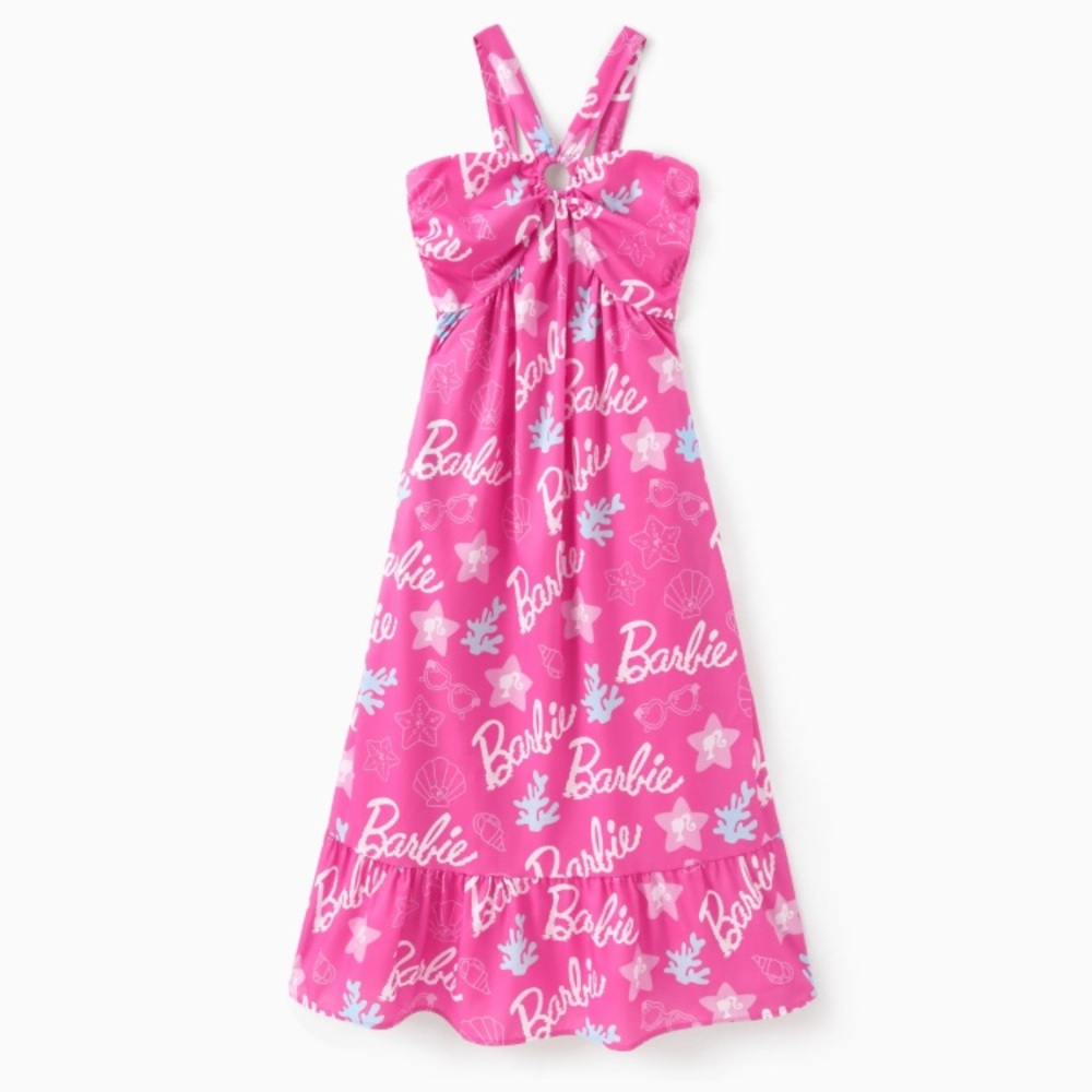 Women Barbie 1pc Allover Print Halter Pink Dress, Size S